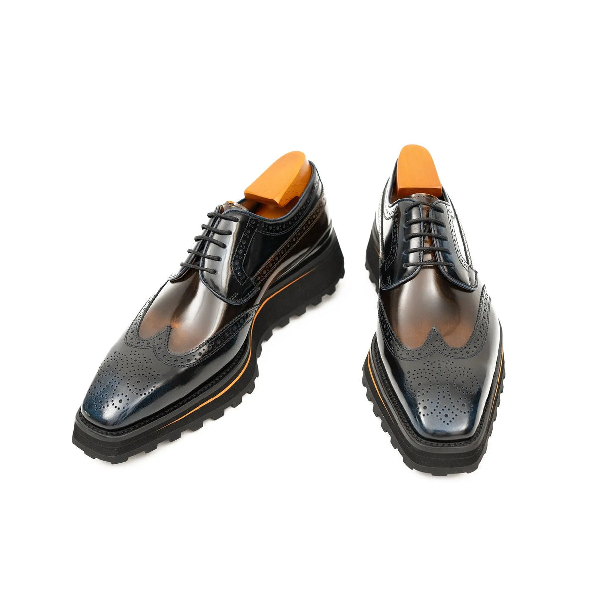 Dark Brown Wingtip Derby Shoes with Contrast-Edge Lug Sole