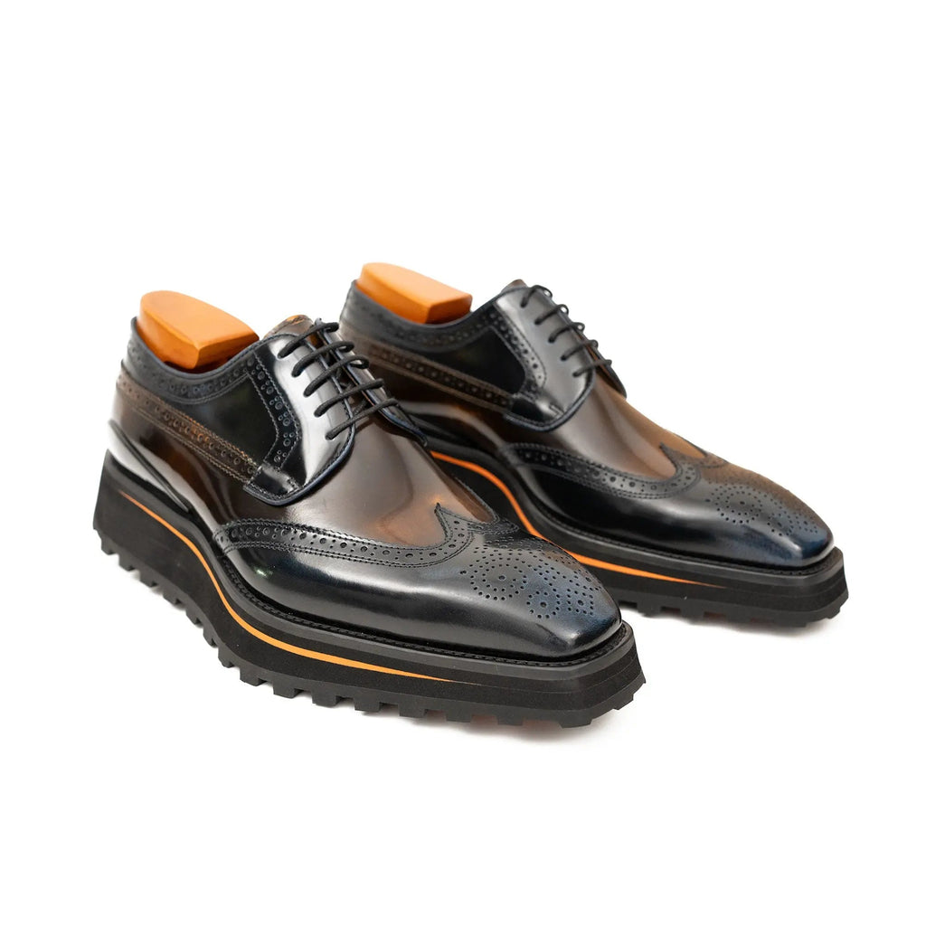 Dark Brown Wingtip Derby Shoes with Contrast-Edge Lug Sole