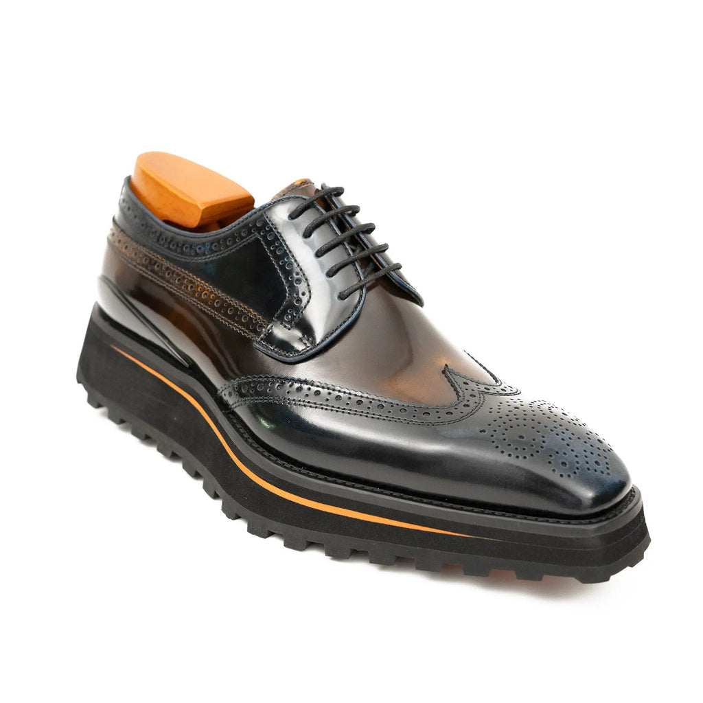 Dark Brown Wingtip Derby Shoes with Contrast-Edge Lug Sole