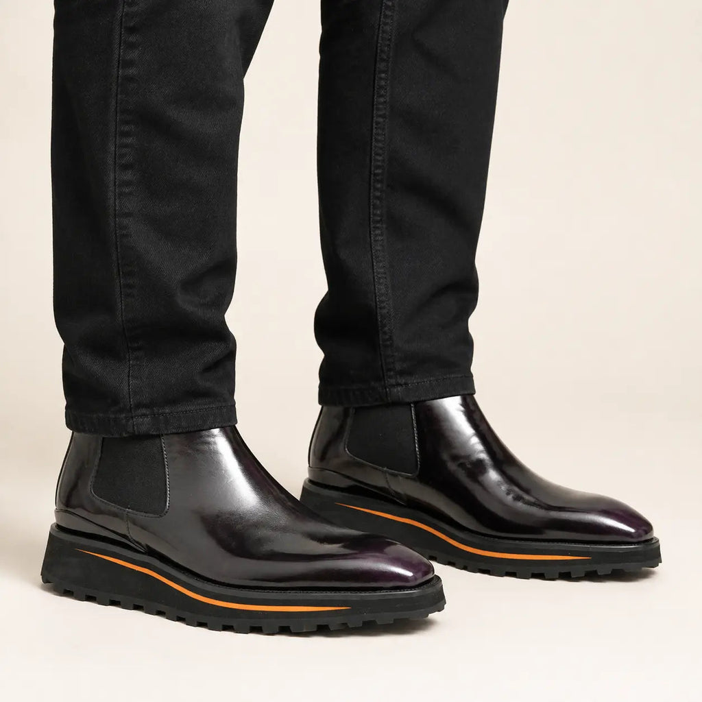 Very Dark Burgundy-Purple Plain-Toe Chelsea Boots with Pull Tab