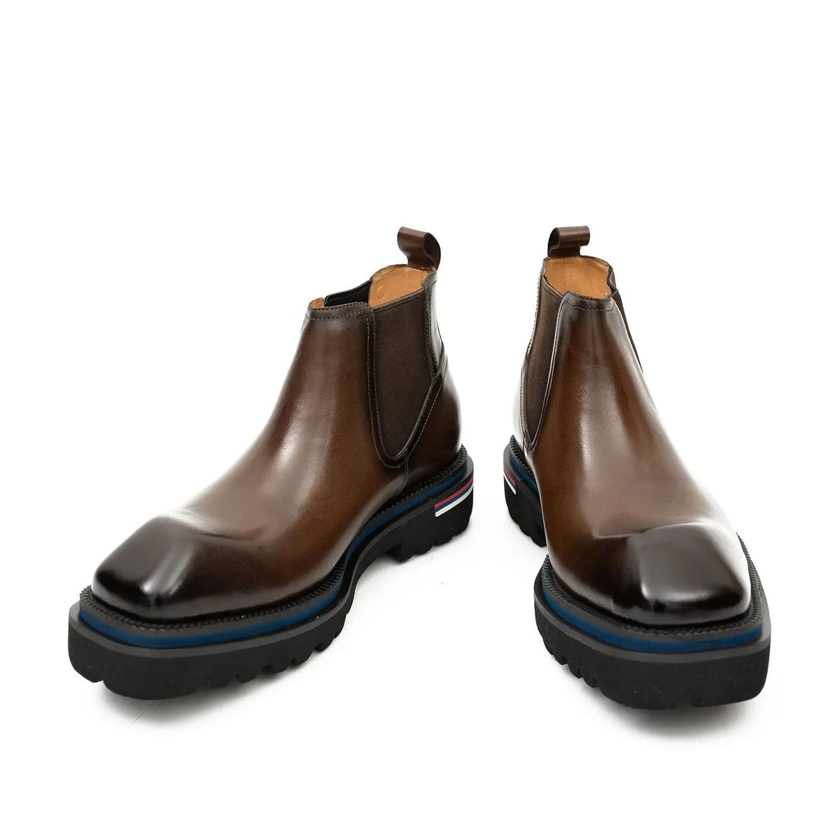 Brown Square-Toe Chelsea Boots with Pull Tab