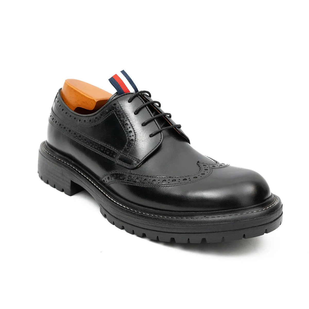 Black Polished Wingtip Derby Shoes with Tongue Tab
