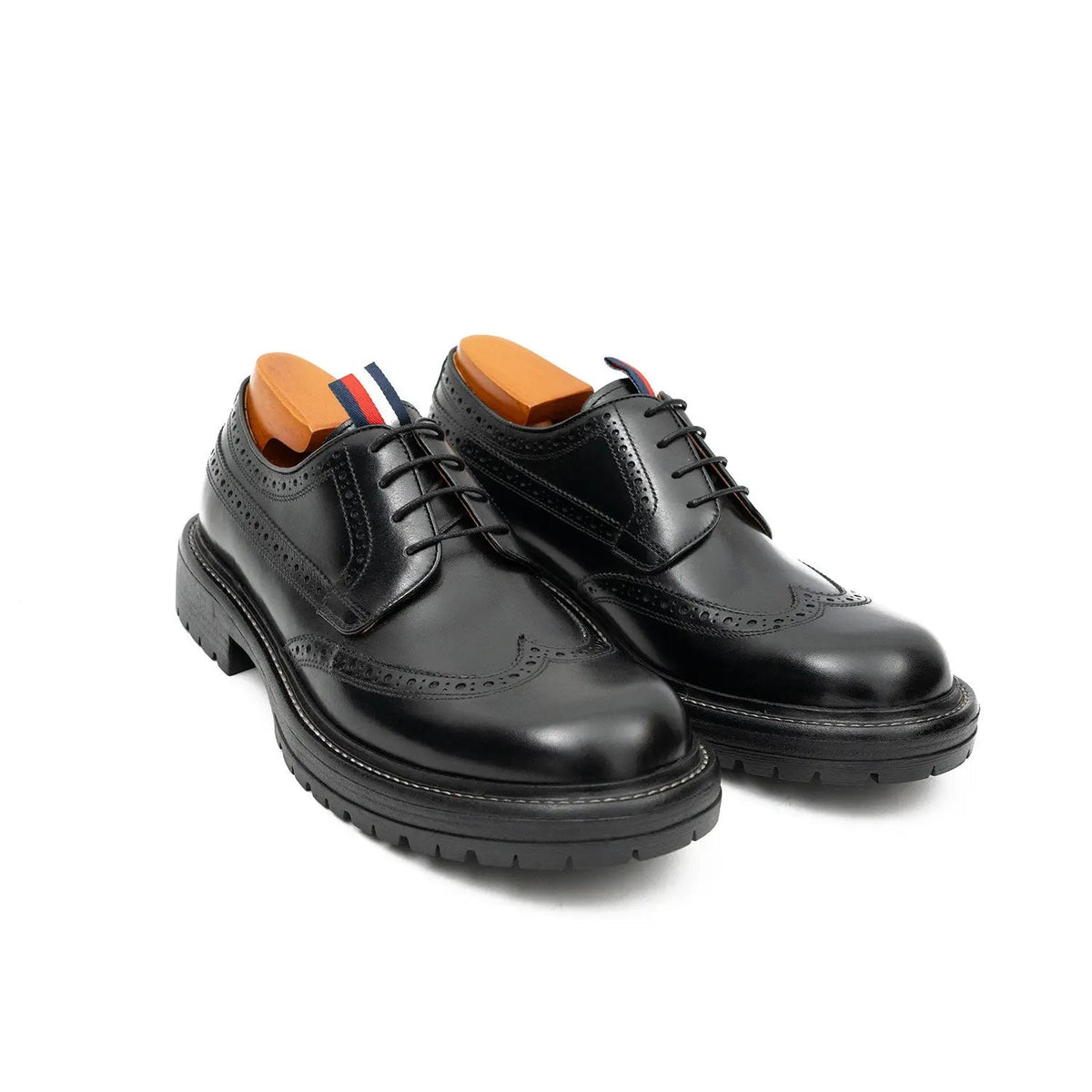 Black Polished Wingtip Derby Shoes with Tongue Tab
