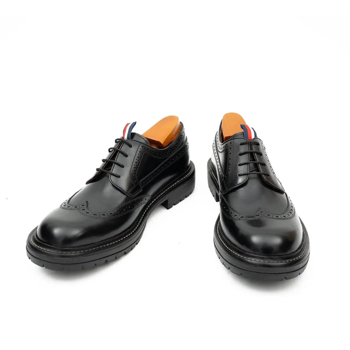 Black Polished Wingtip Derby Shoes with Tongue Tab