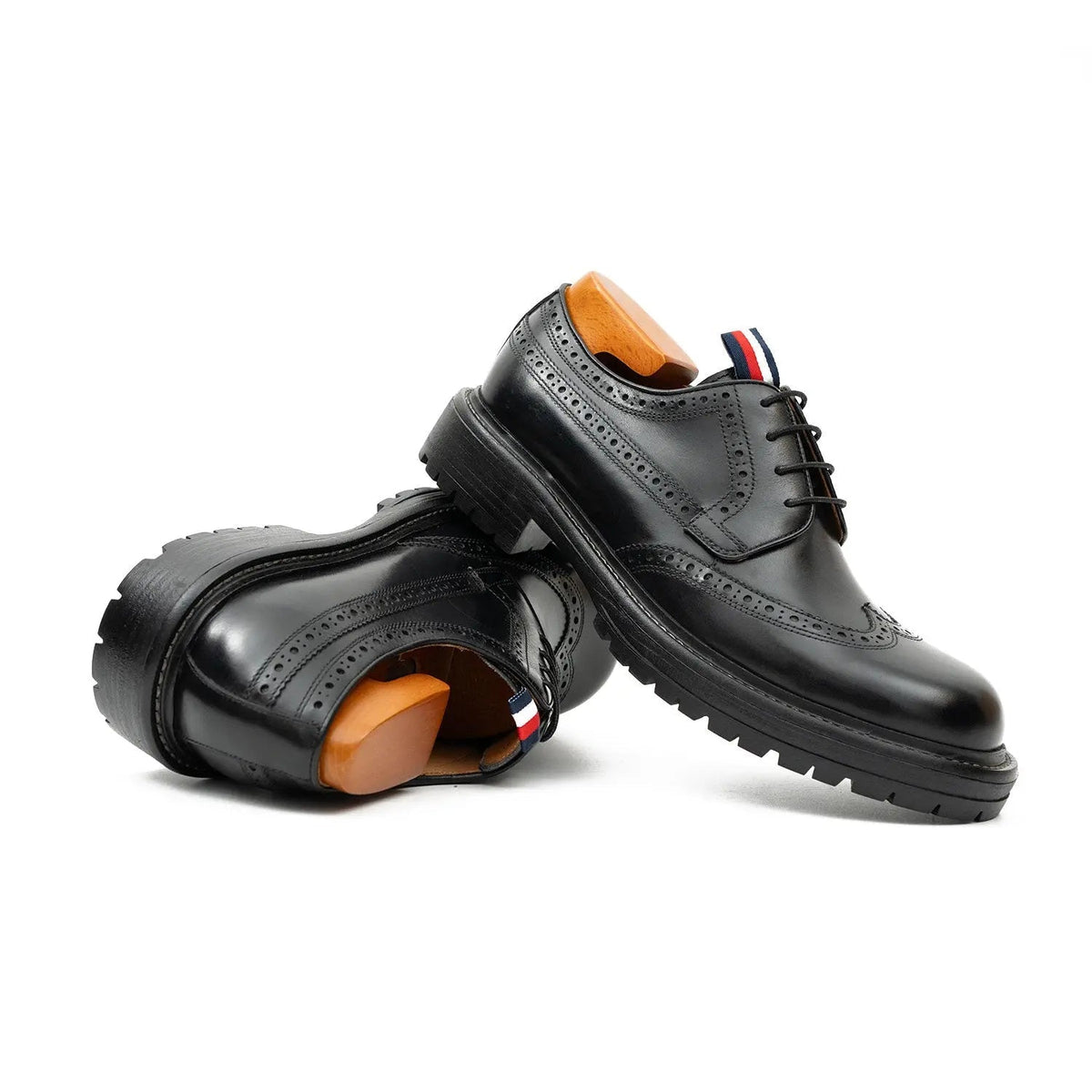 Black Polished Wingtip Derby Shoes with Tongue Tab