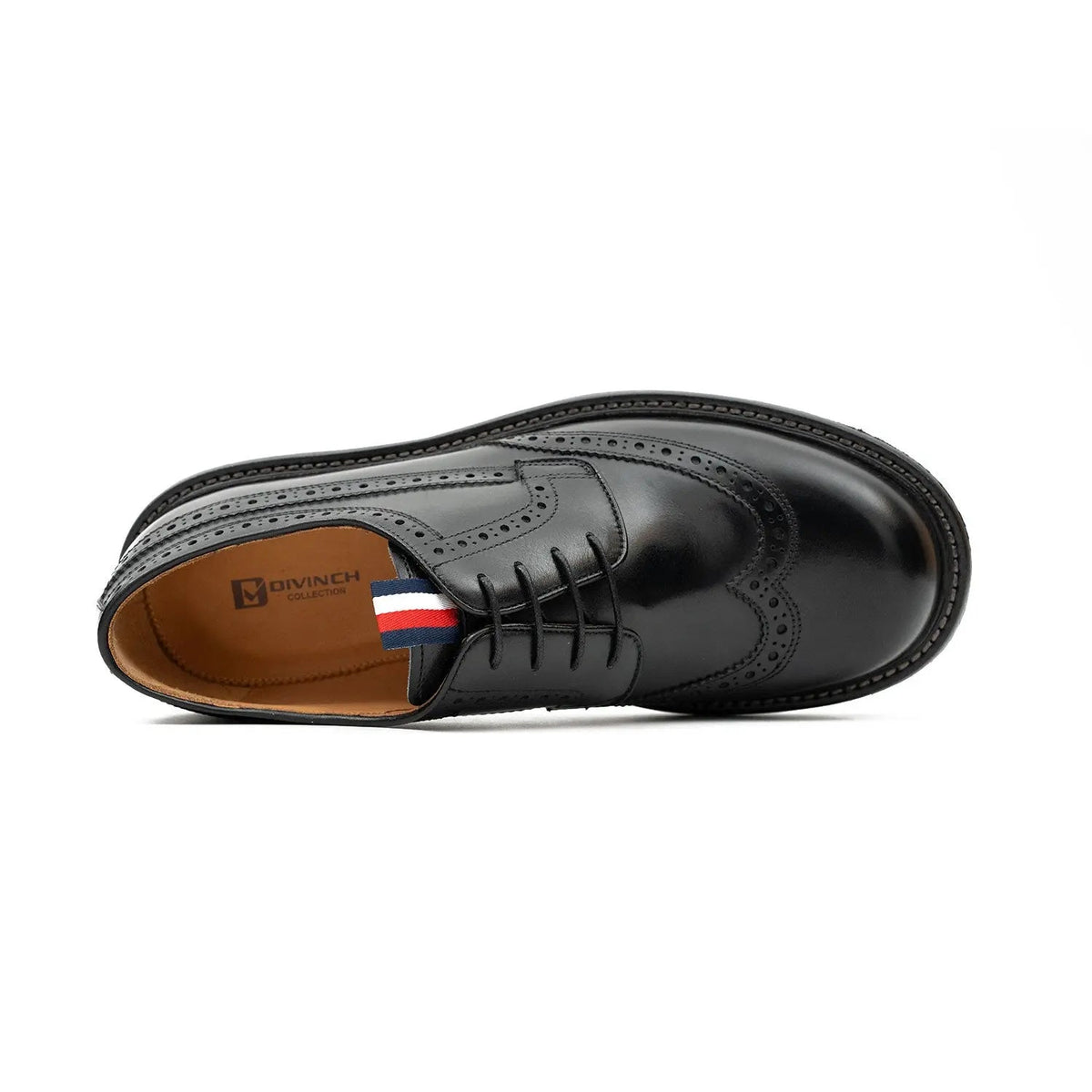 Black Polished Wingtip Derby Shoes with Tongue Tab
