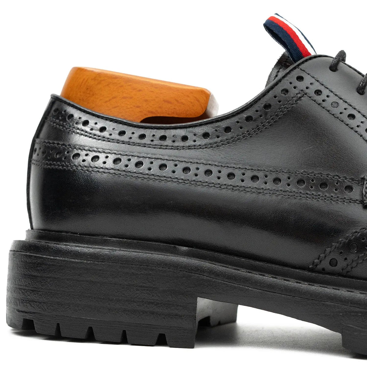 Black Polished Wingtip Derby Shoes with Tongue Tab