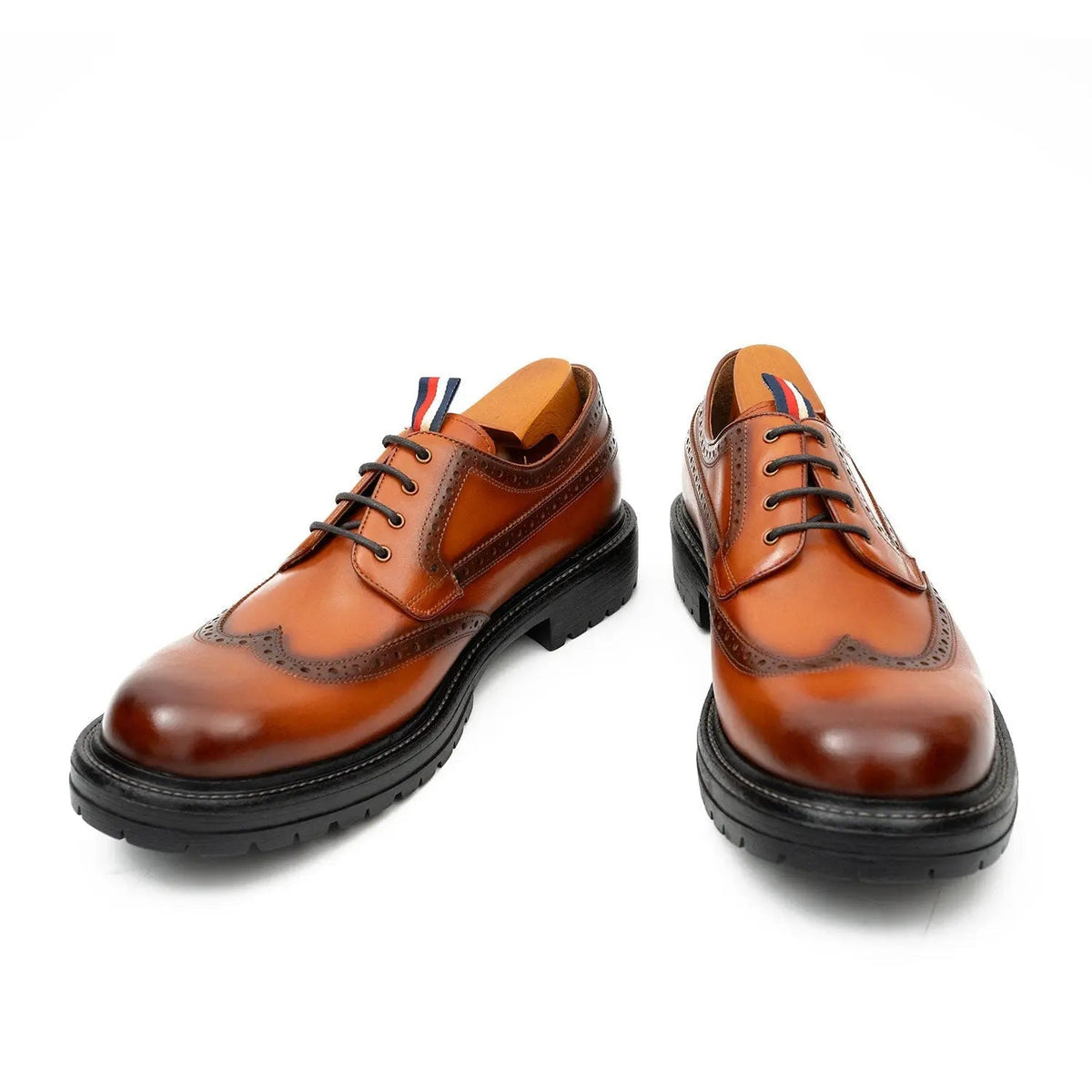 Orange-Brown Wingtip Derby Shoes with Pull Tab