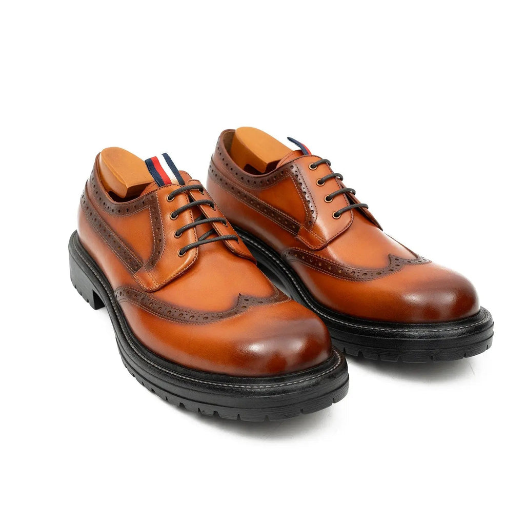 Orange-Brown Wingtip Derby Shoes with Pull Tab