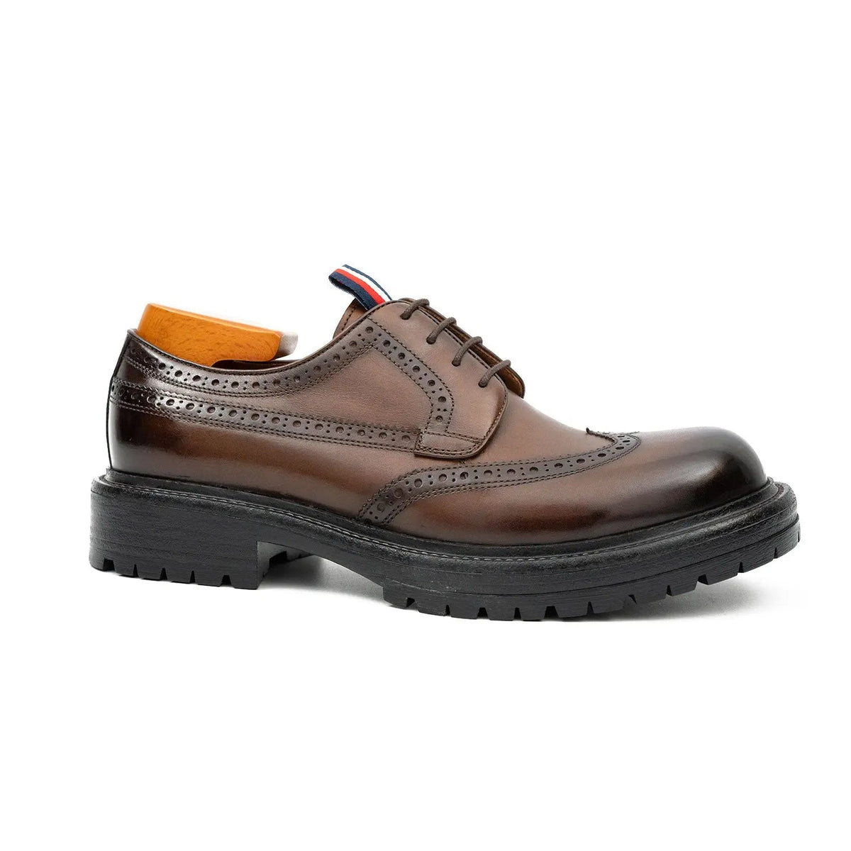 Brown Wingtip Derby Shoes with Medallion and Tongue Tab