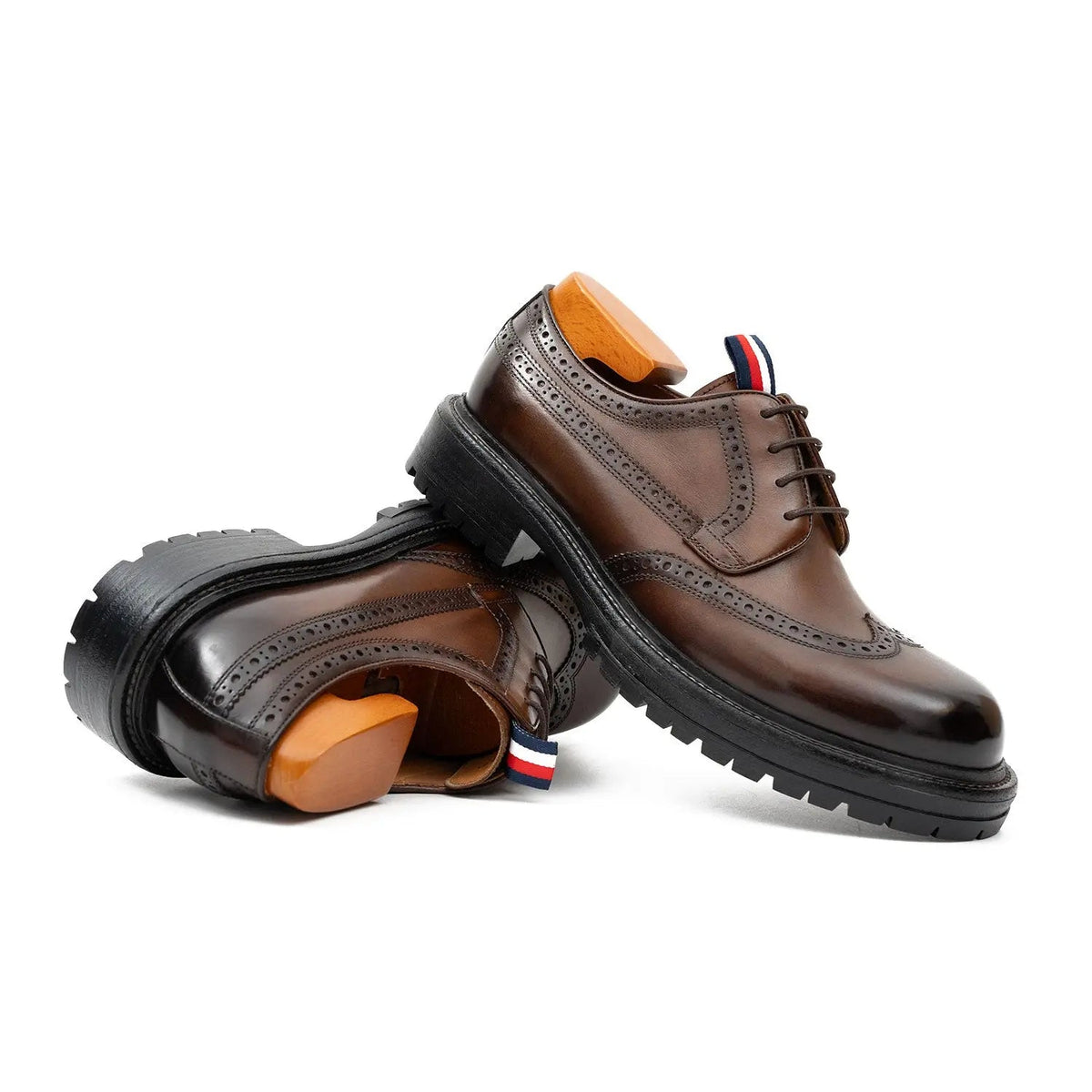 Brown Wingtip Derby Shoes with Medallion and Tongue Tab