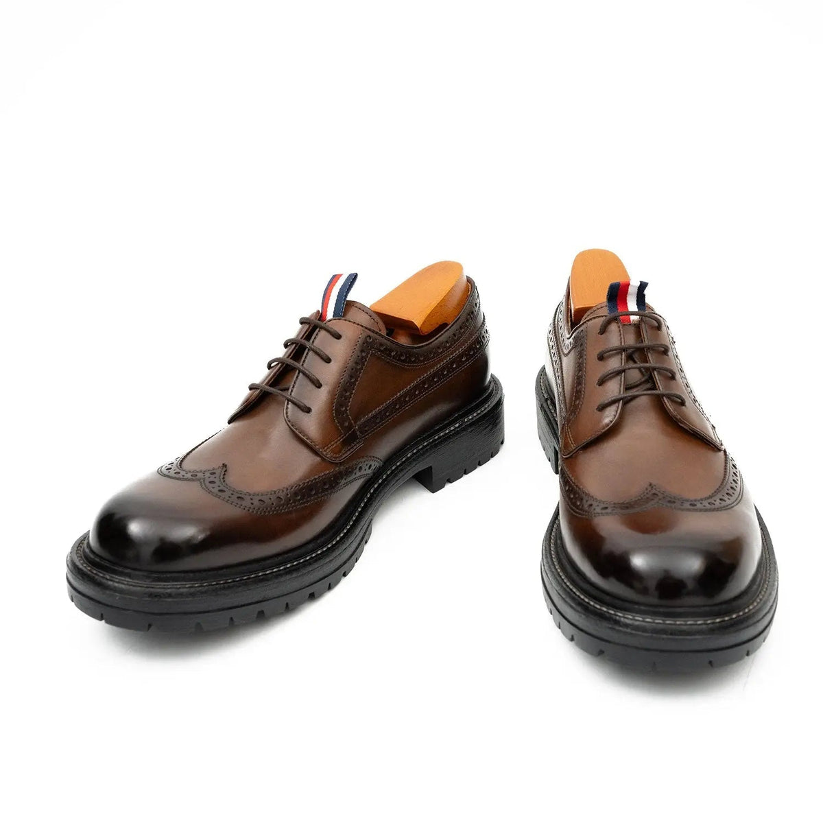 Brown Wingtip Derby Shoes with Medallion and Tongue Tab
