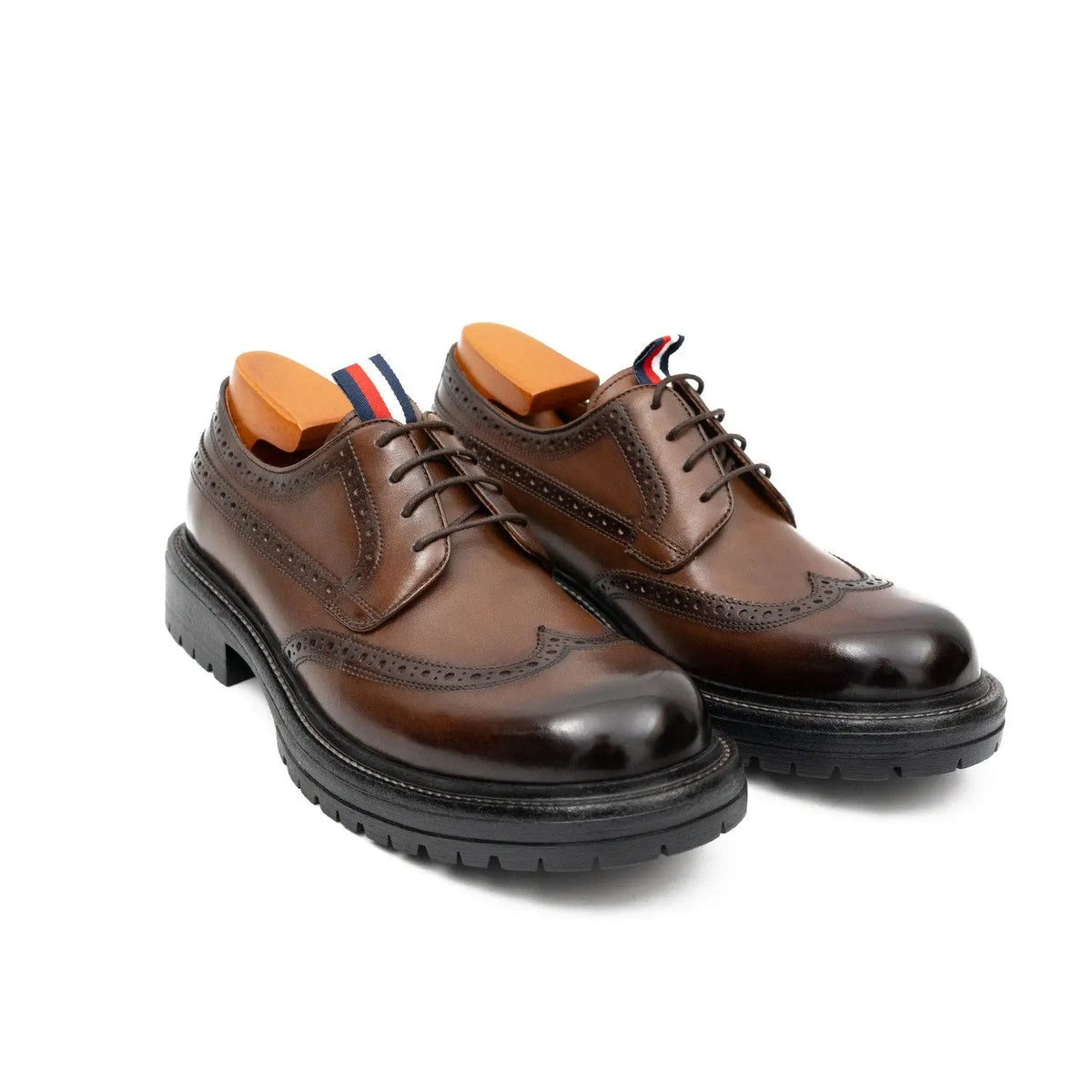 Brown Wingtip Derby Shoes with Medallion and Tongue Tab
