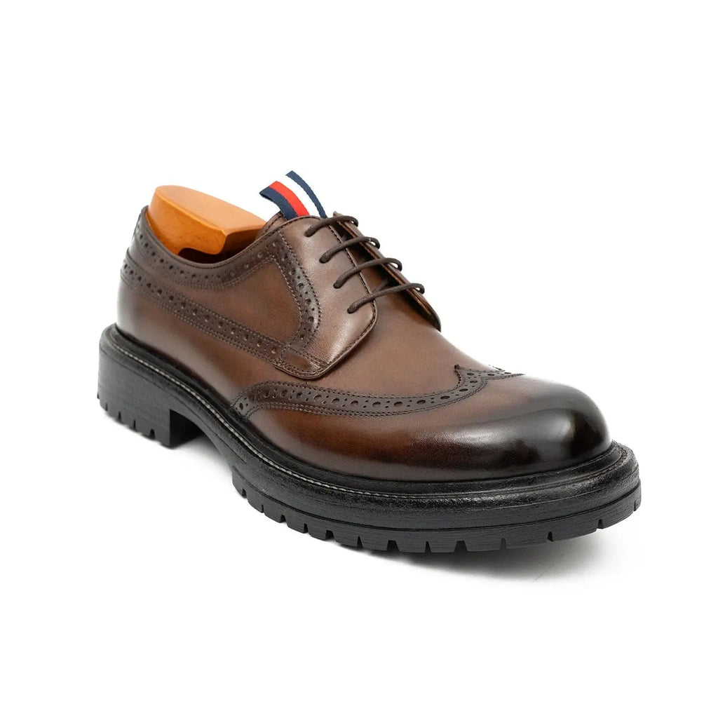 Brown Wingtip Derby Shoes with Medallion and Tongue Tab