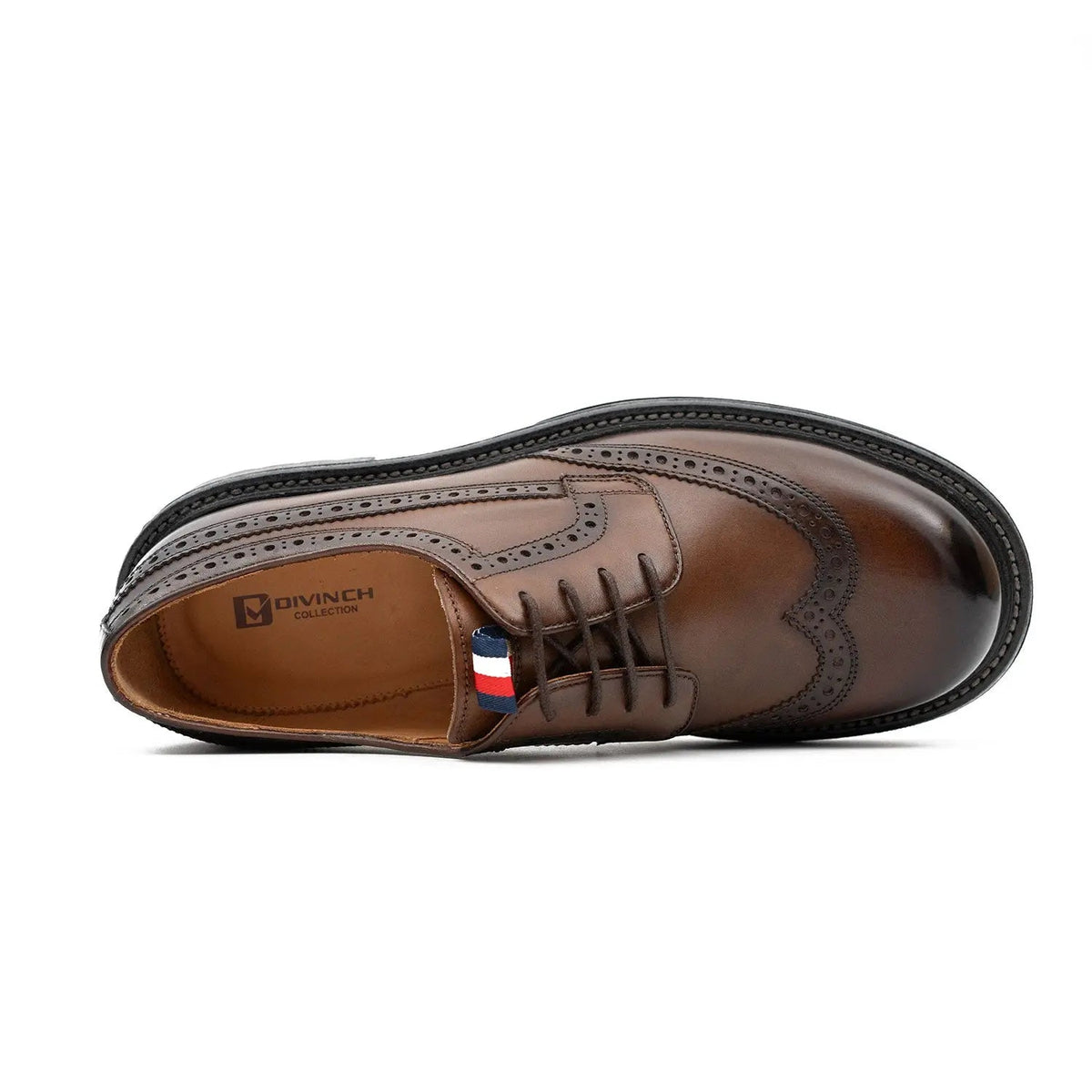 Brown Wingtip Derby Shoes with Medallion and Tongue Tab