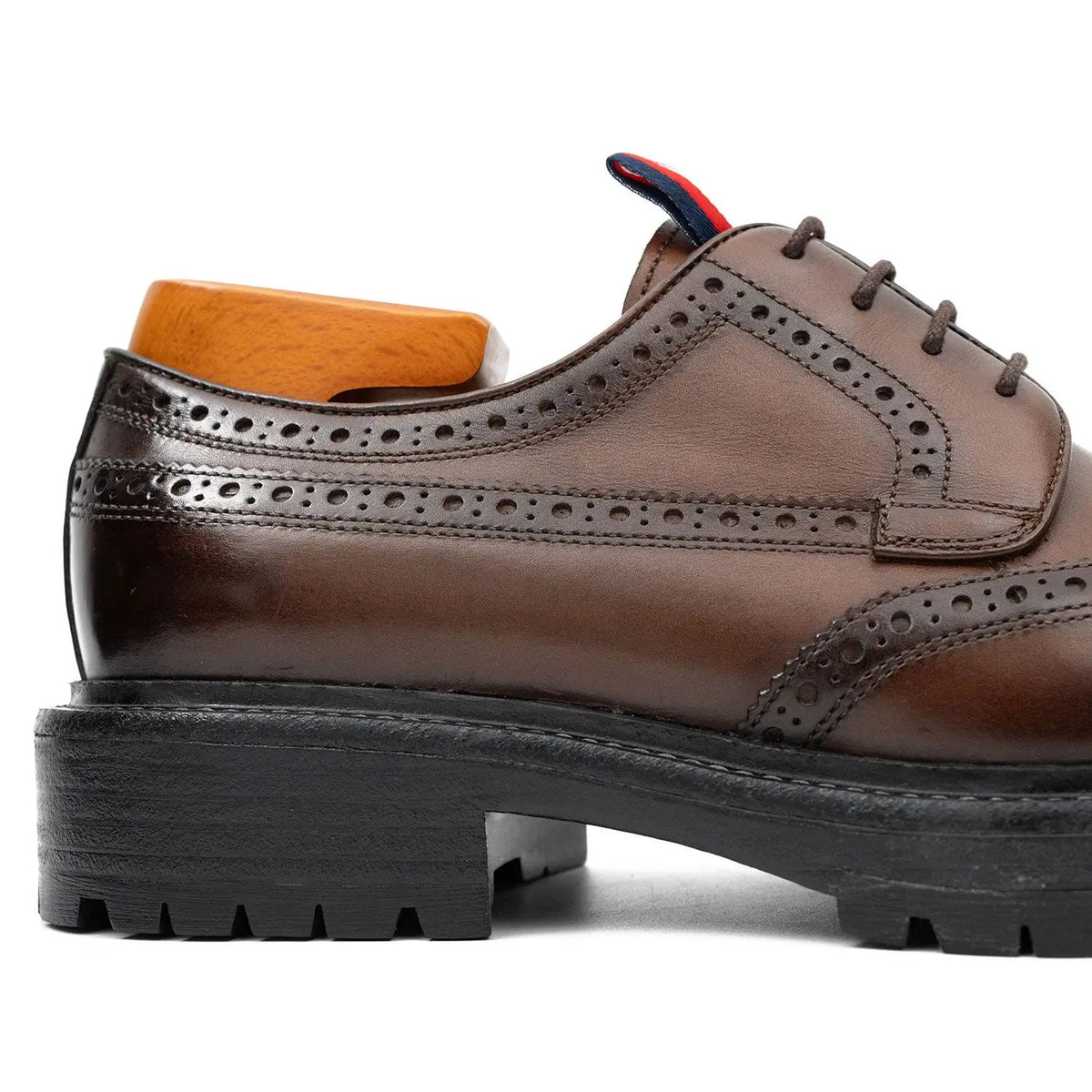 Brown Wingtip Derby Shoes with Medallion and Tongue Tab