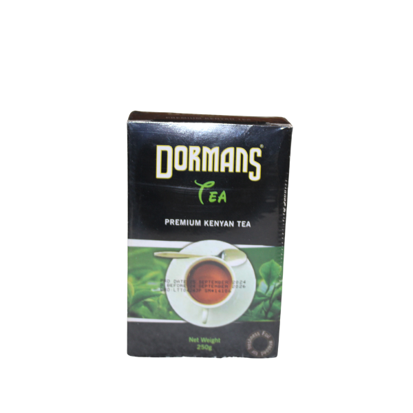 Dormans Tea 500g black box angled front showing Premium Kenyan Tea label and Rift Valley tea garden design