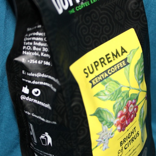 Dormans Suprema Kenya Coffee package showing side panel and branding