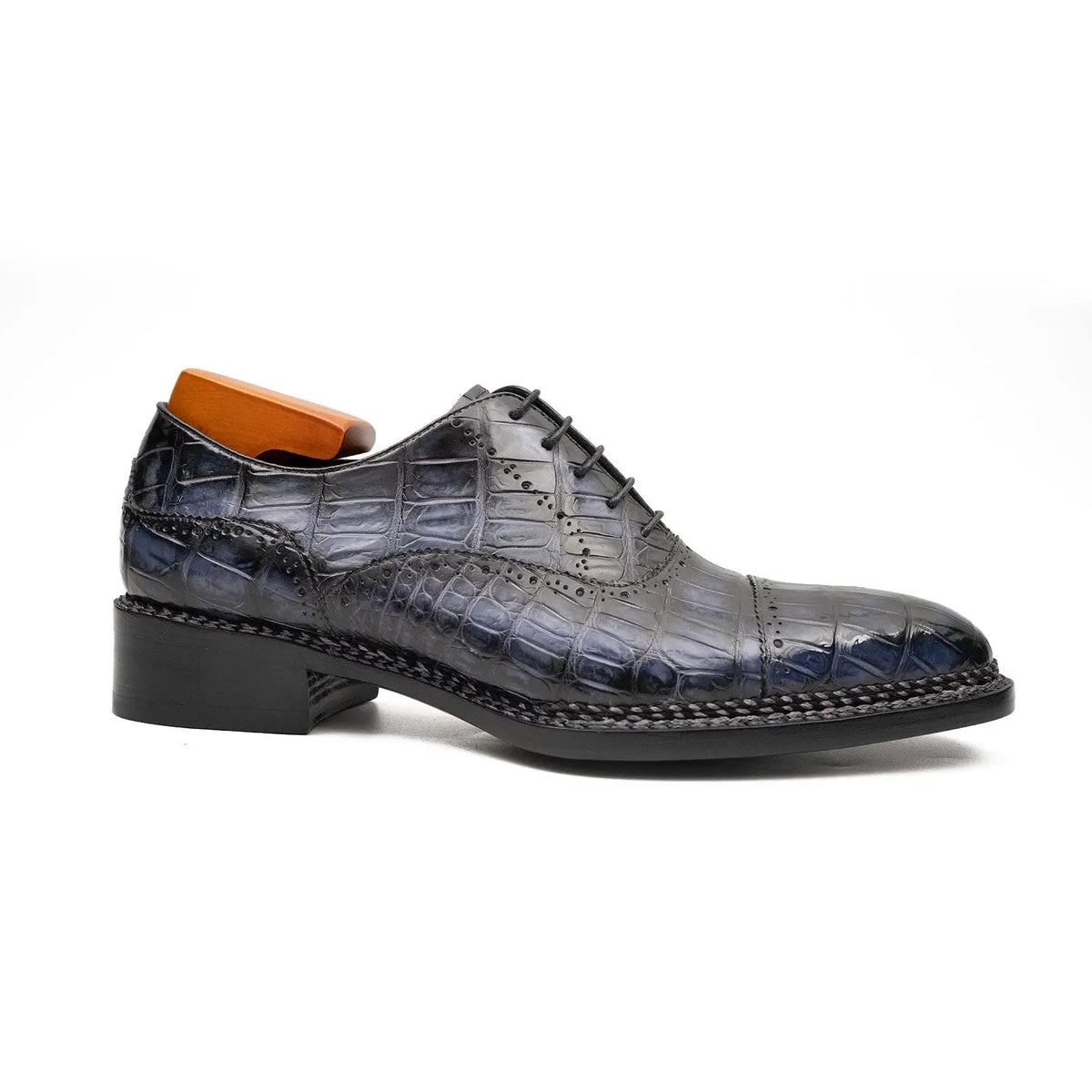 Dark Blue-Purple Textured Cap-Toe Lace-Up Dress Shoe