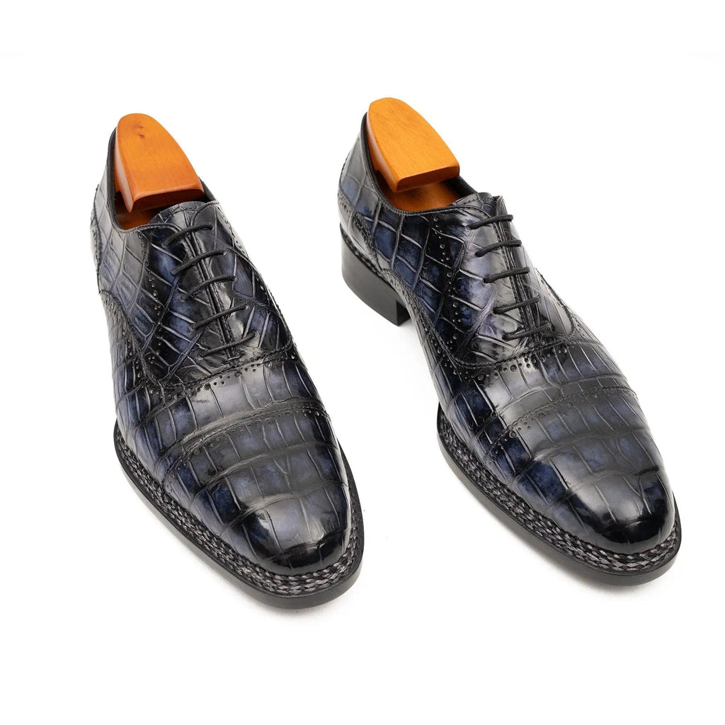 Dark Blue-Purple Textured Cap-Toe Lace-Up Dress Shoe