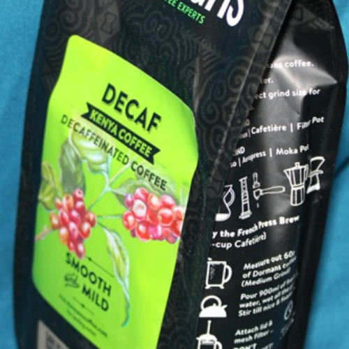 Dormans Decaf Kenya Coffee 375g pouch side angle close up