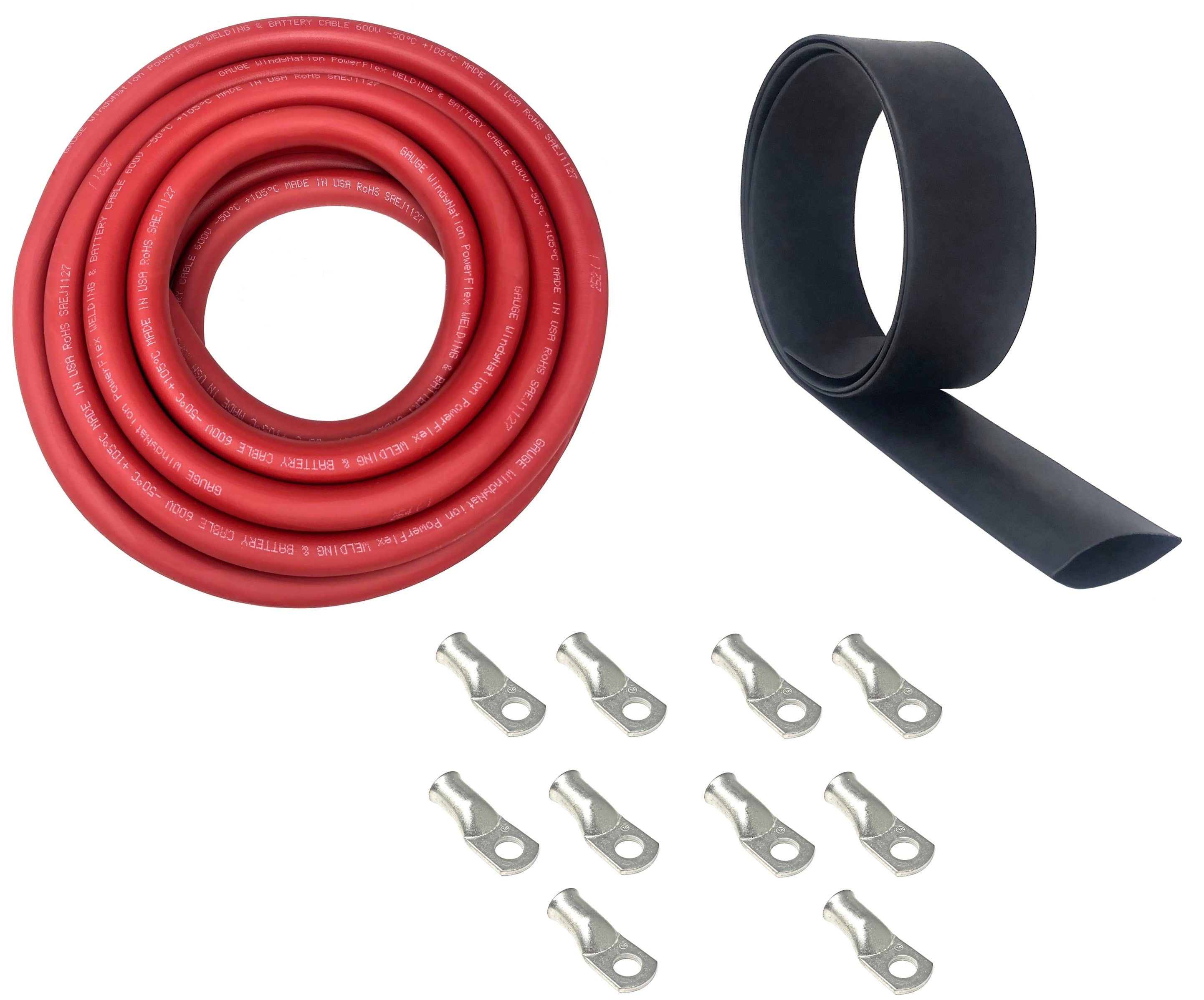 2/0 Gauge Welding Battery Cable Kit - Includes 10 pieces of 3/8" Tinned Copper Cable Lugs and 3 feet Black Heat Shrink Tubing