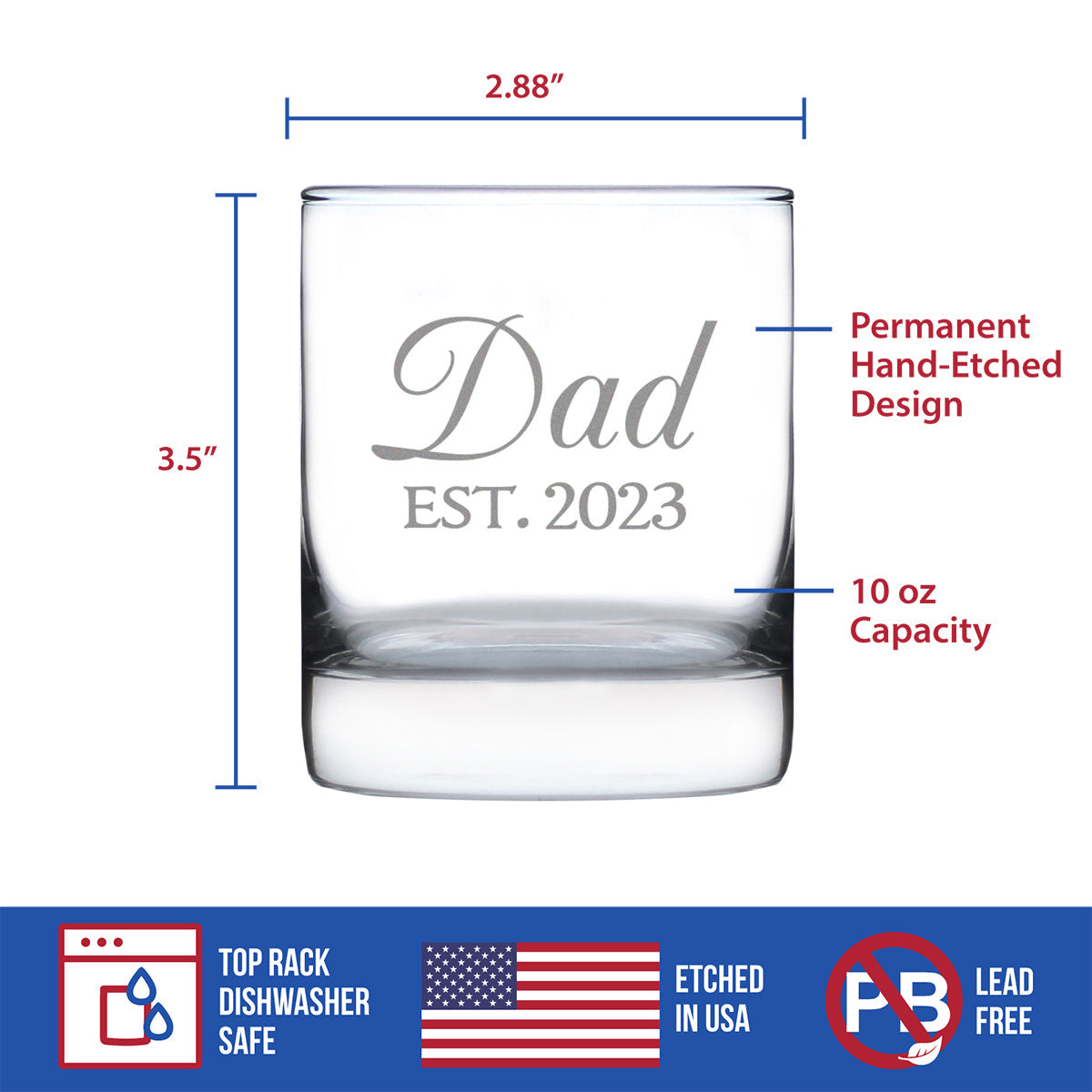 Dad Est. 2023 - Decorative - 10 Ounce Rocks Glass