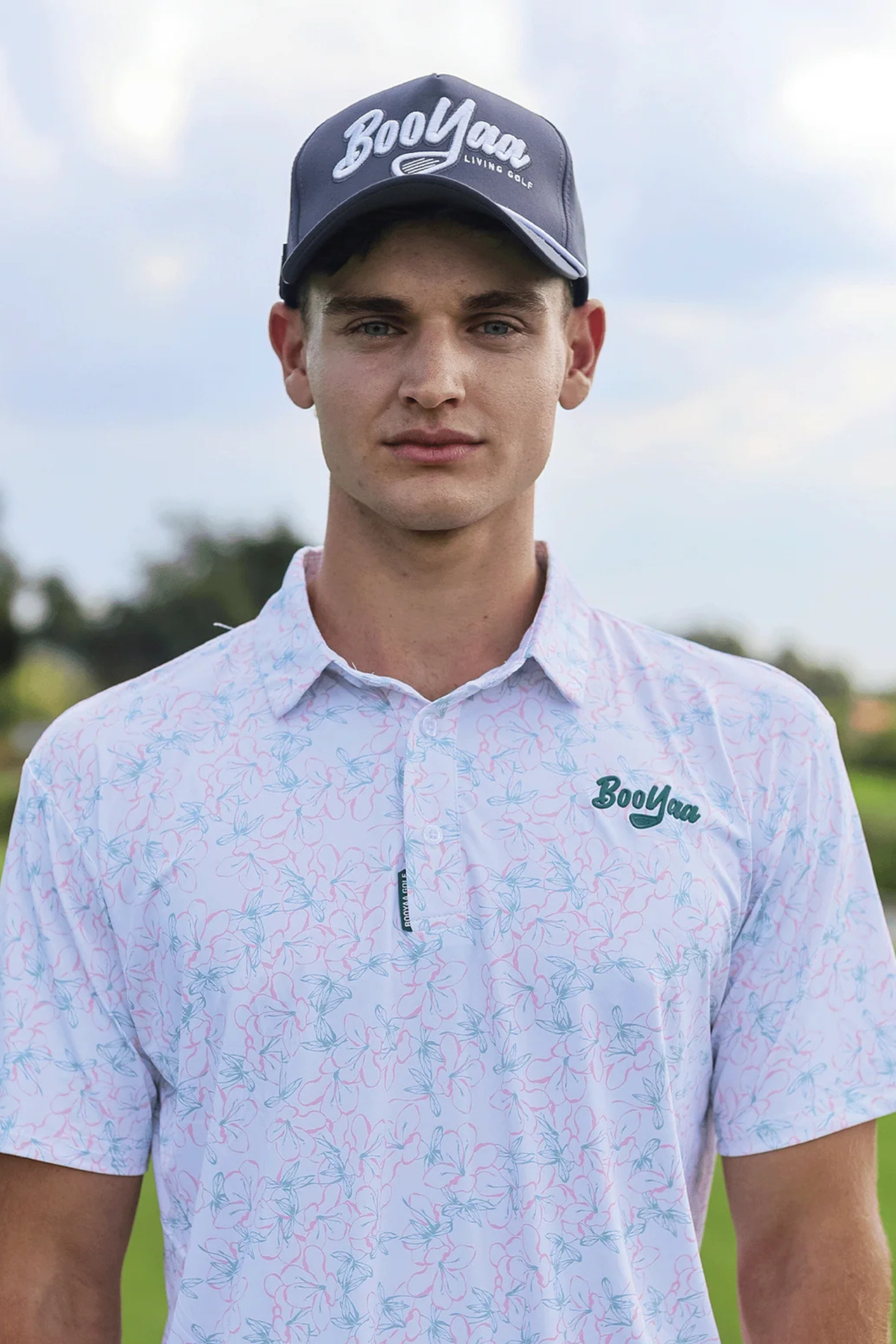 BooYaa Premium Men's Golf Polo, Rosebay White Floral Print, 4-Way Stretch, Moisture-Wicking