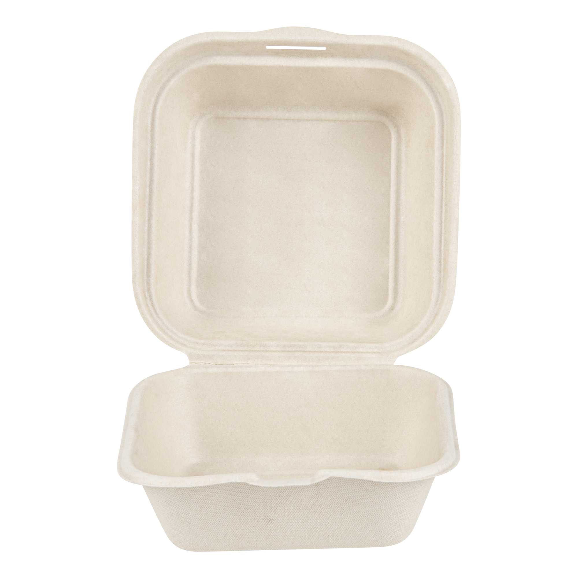 Pulp Tek 15 oz Square White Sugarcane / Bagasse Clamshell Container - 6" x 6" x 3" - 100 count box