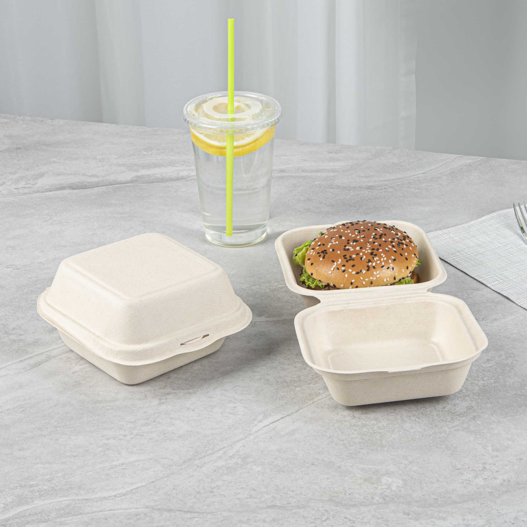 Pulp Tek 15 oz Square White Sugarcane / Bagasse Clamshell Container - 6" x 6" x 3" - 100 count box