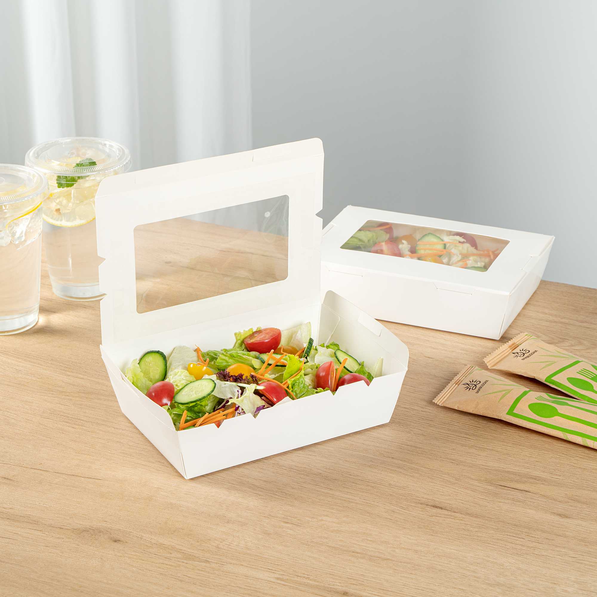 Cafe Vision 42 oz White Paper Medium Take Out Container - Hinge Lock - 8" x 5 1/2" x 2" - 200 count box