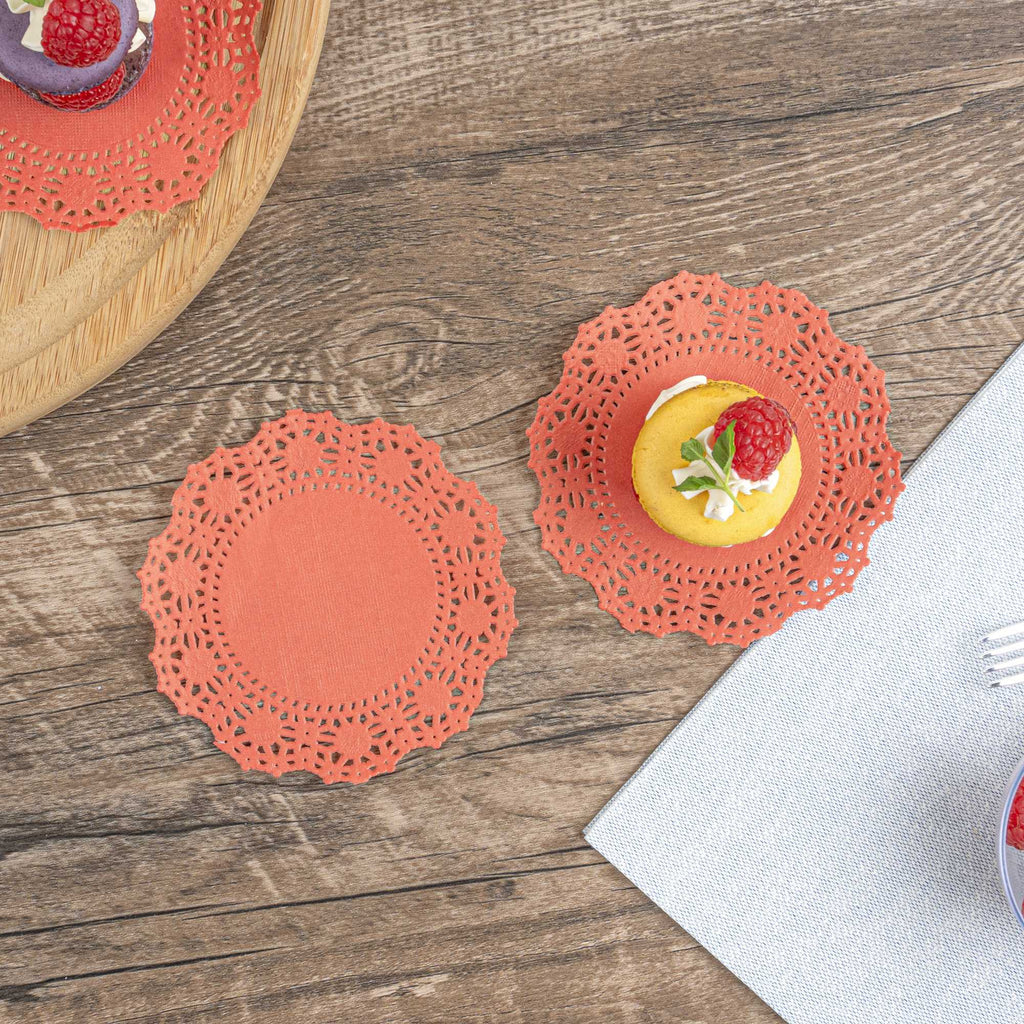 Pastry Tek Round Red Paper Doilies - Lace - 4" x 4" - 100 count box