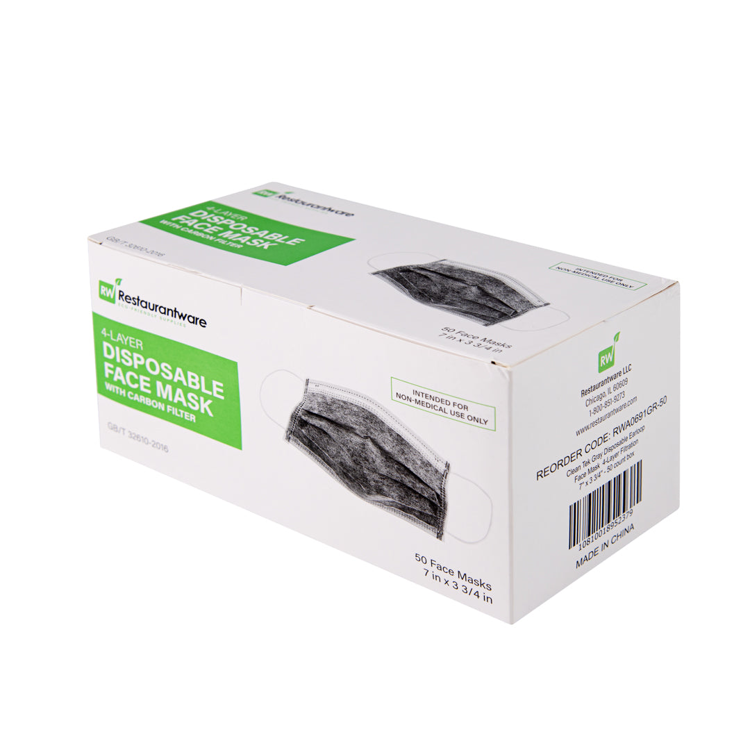 Clean Tek Professional Gray Disposable Earloop Face Mask - Active Carbon, 4-Layer Filtration - 7" x 3 3/4" - 50 count box