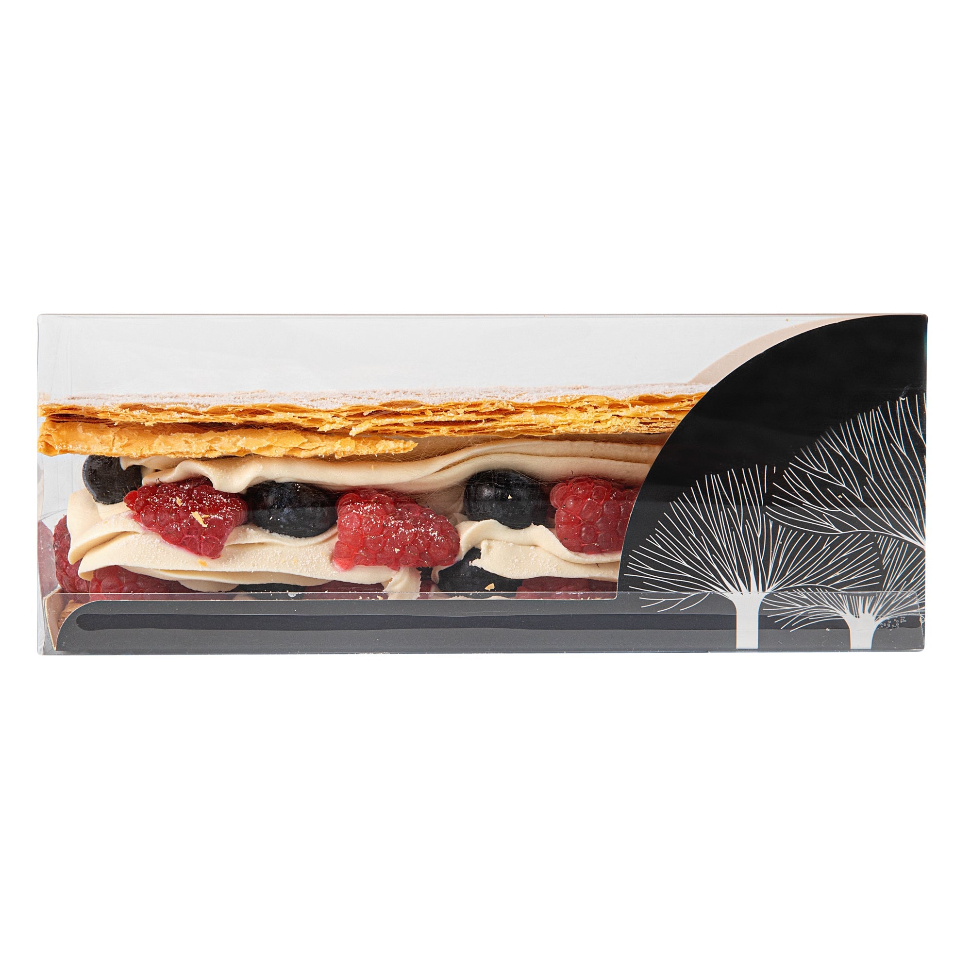 Sweet Vision Rectangle Clear Plastic Eclair Box - Black Paper Sleeve, Tree Accent - 7" x 2 1/2" x 2 1/2" - 100 count box