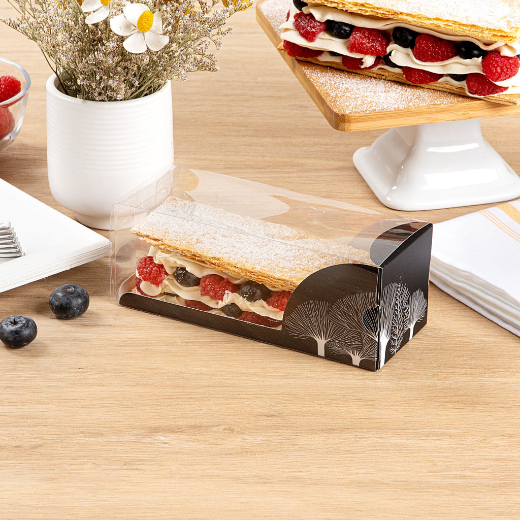 Sweet Vision Rectangle Clear Plastic Eclair Box - Black Paper Sleeve, Tree Accent - 7" x 2 1/2" x 2 1/2" - 100 count box