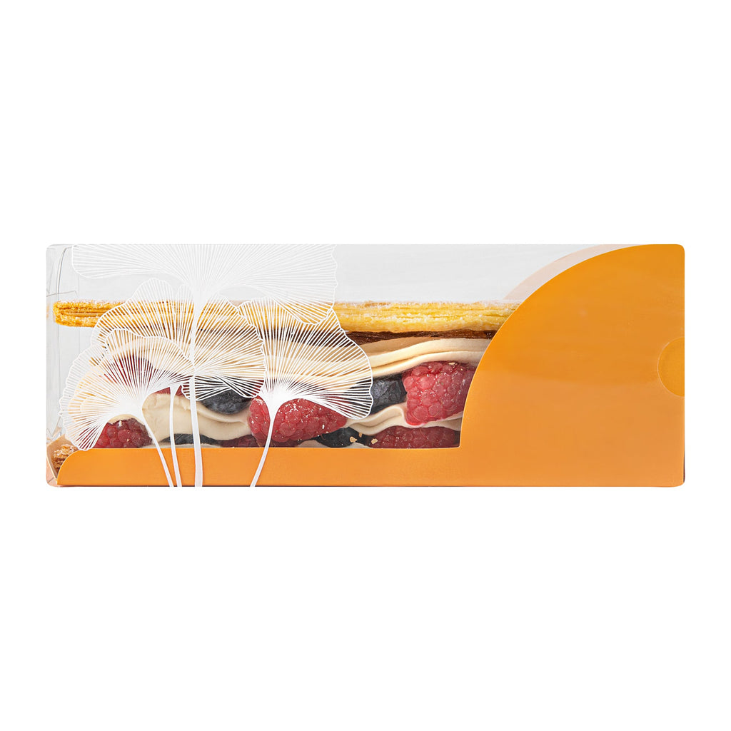 Sweet Vision Rectangle Clear Plastic Eclair Box - Orange Paper Sleeve, Leaf Accent - 7" x 2 1/2" x 2 1/2" - 100 count box