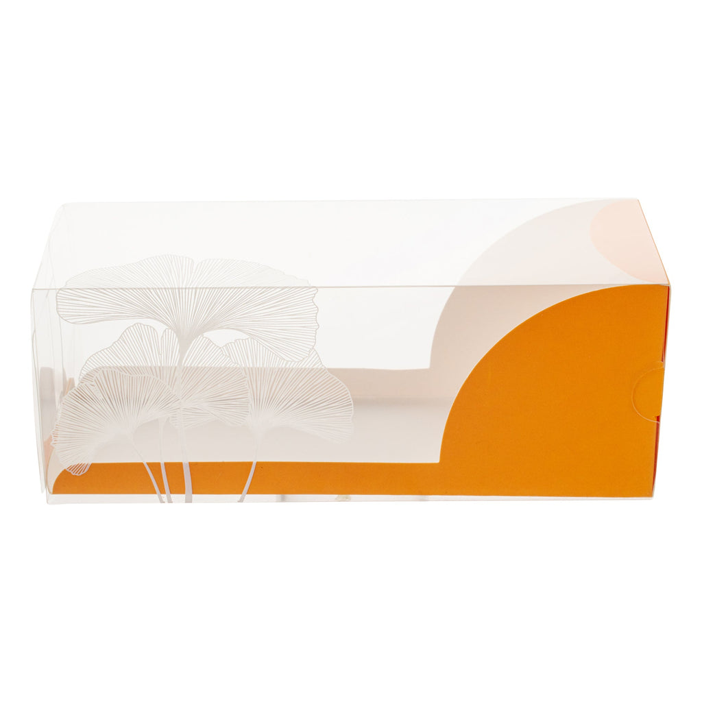 Sweet Vision Rectangle Clear Plastic Eclair Box - Orange Paper Sleeve, Leaf Accent - 7" x 2 1/2" x 2 1/2" - 100 count box