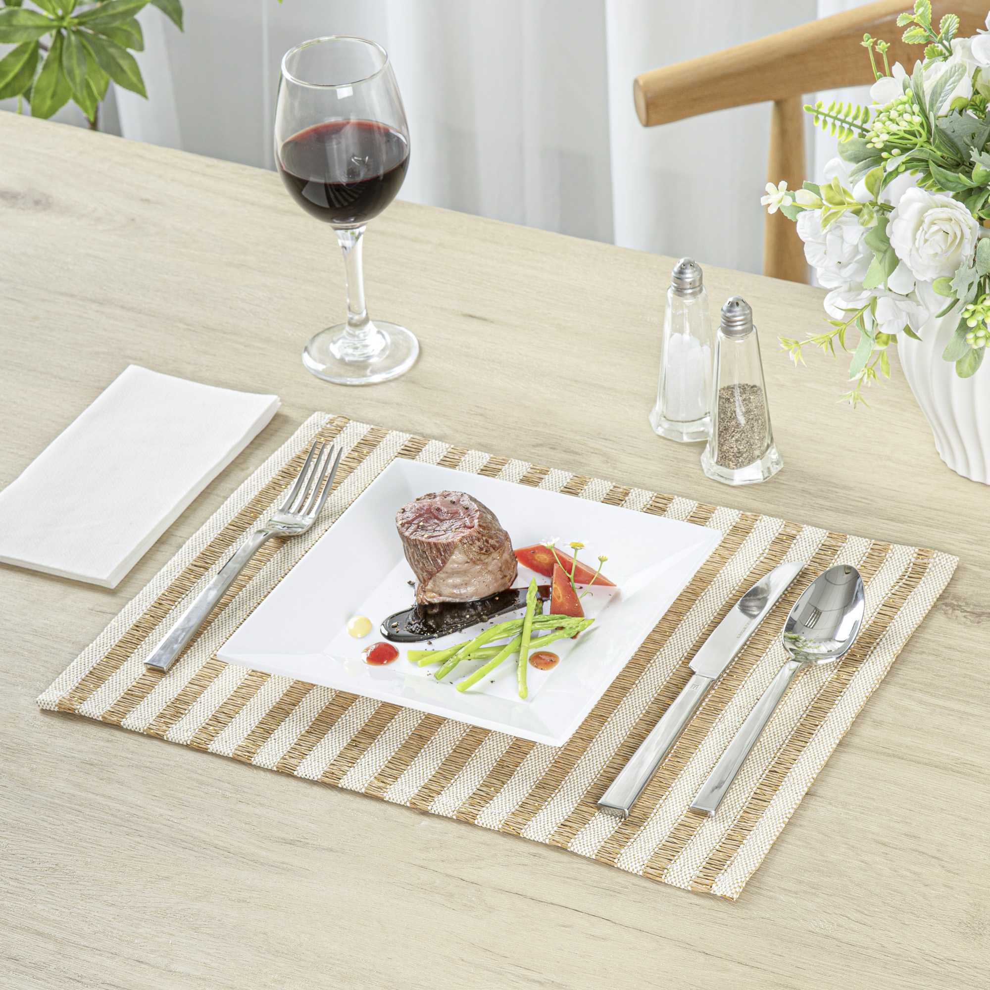 Carmel Mesh Light Brown Striped Placemat - 16" x 12" - 6 count box