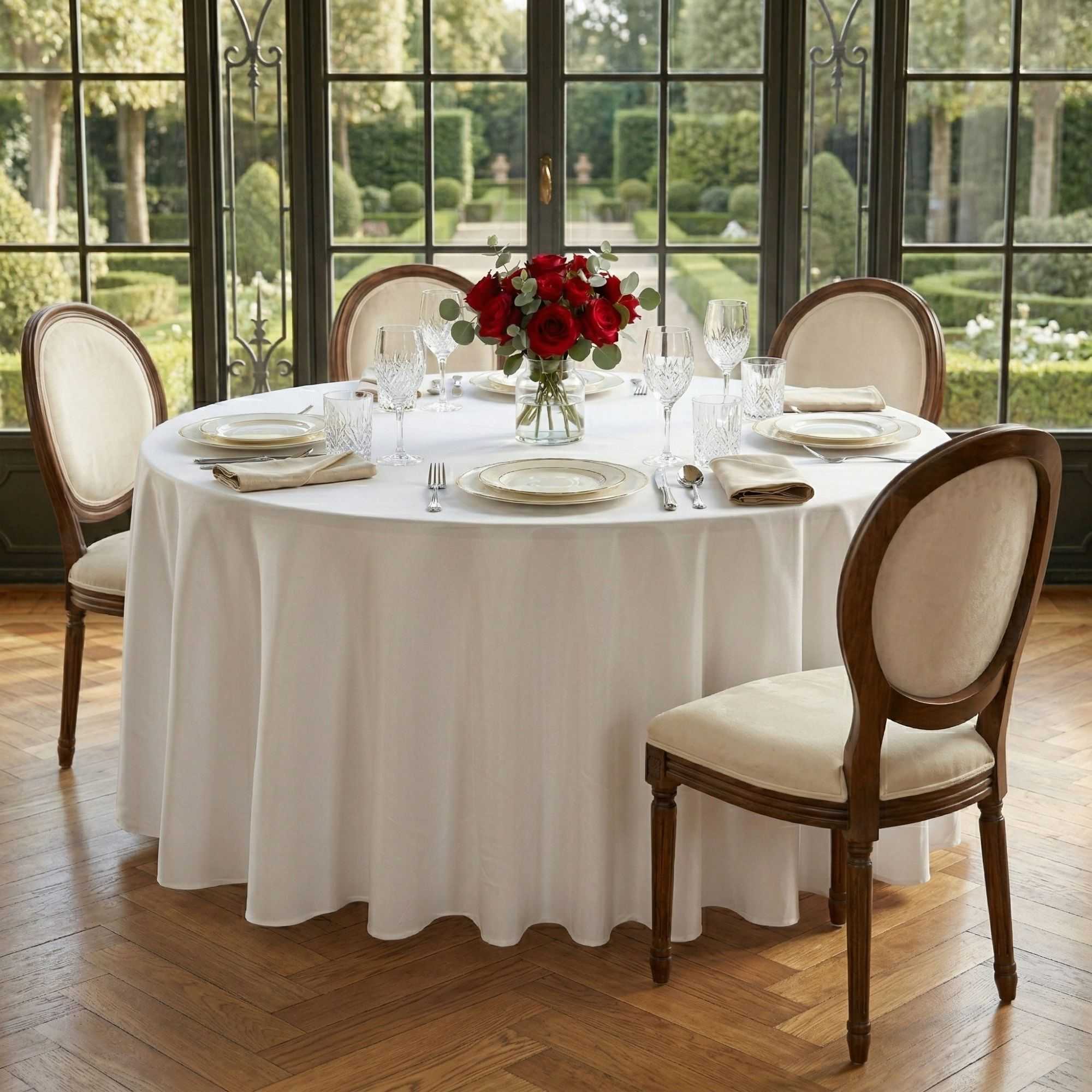 Table Tek Round White Polyester Cloth Table Cover - Hemmed - 120" - 10 count box