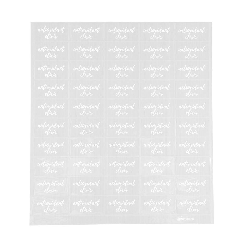 Label Tek Plastic Antioxidant Elixir Label - Clear with White Font, Water-Resistant - 2" x 1" - 100 count box