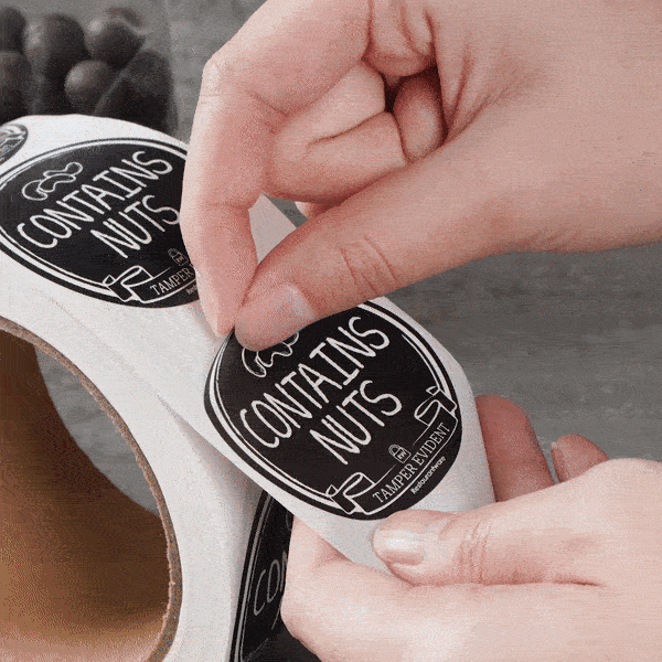 Label Tek Plastic Contains Nuts Label - Black with White Font, Tamper-Evident - 2" x 2" - 500 count box