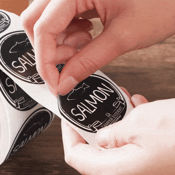 Label Tek Plastic Salmon Label - Black with White Font, Tamper-Evident - 2" x 2" - 500 count box