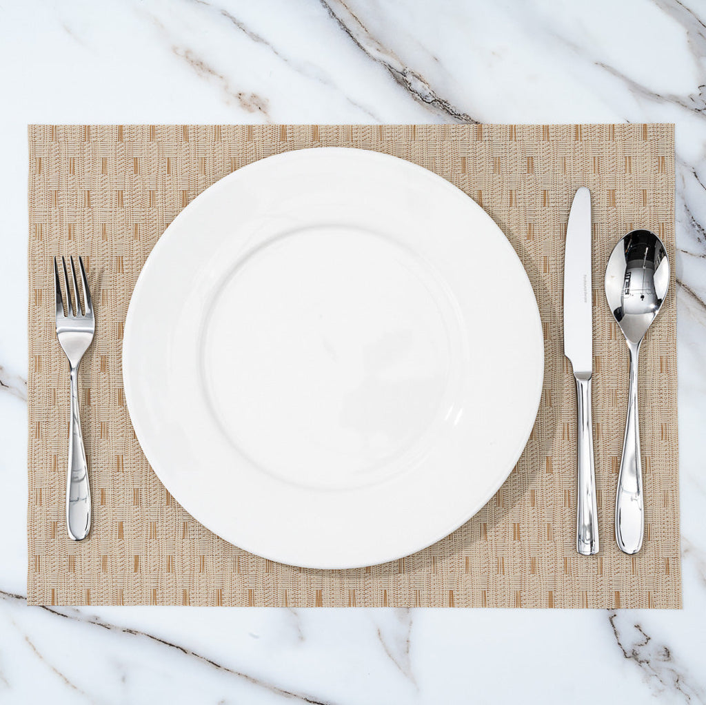 Speculo Rectangle Tan Vinyl Woven Placemat - Wave Pattern - 16" x 12" - 6 count box