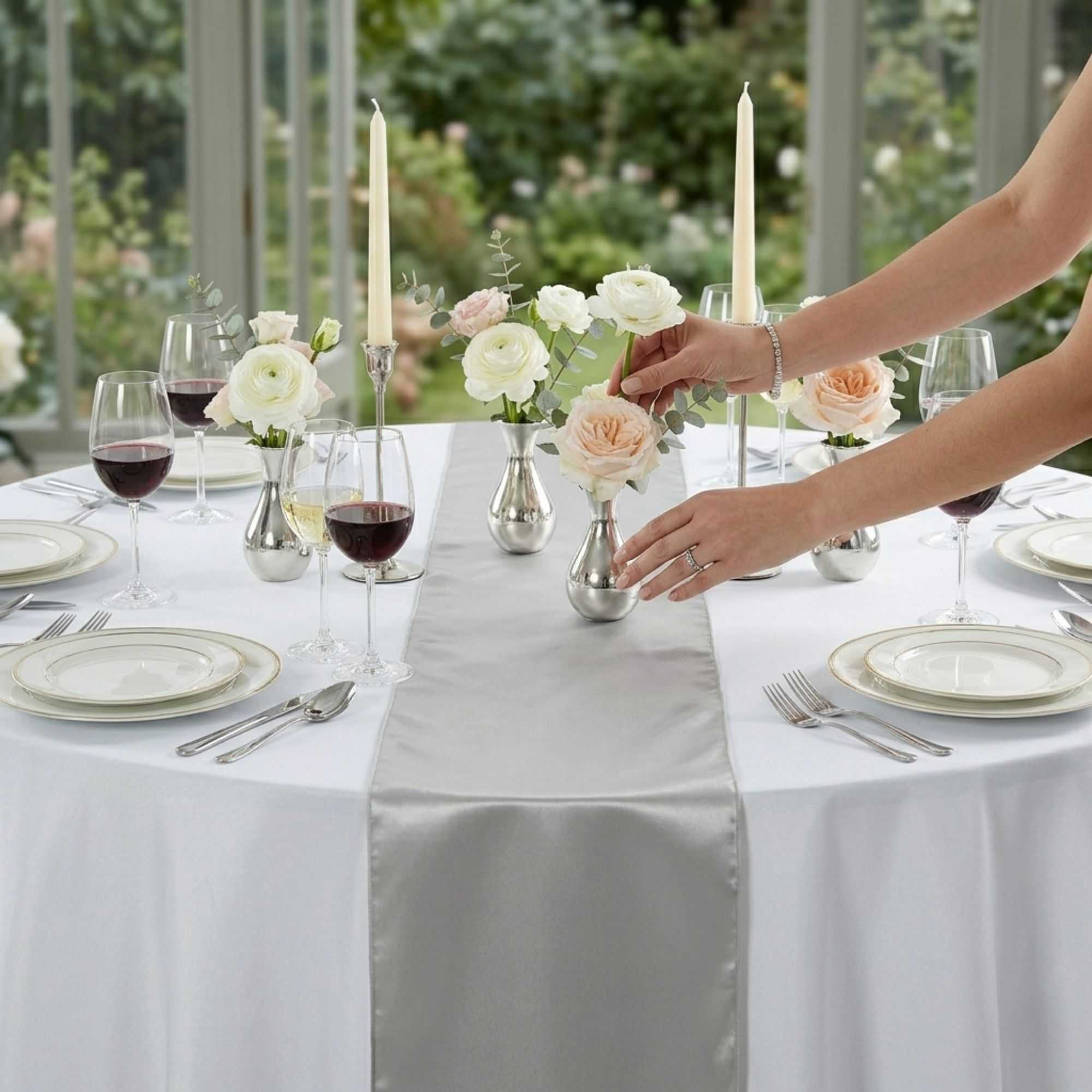 Table Tek Silver Satin Table Runner - 12" x 108" - 1 count box