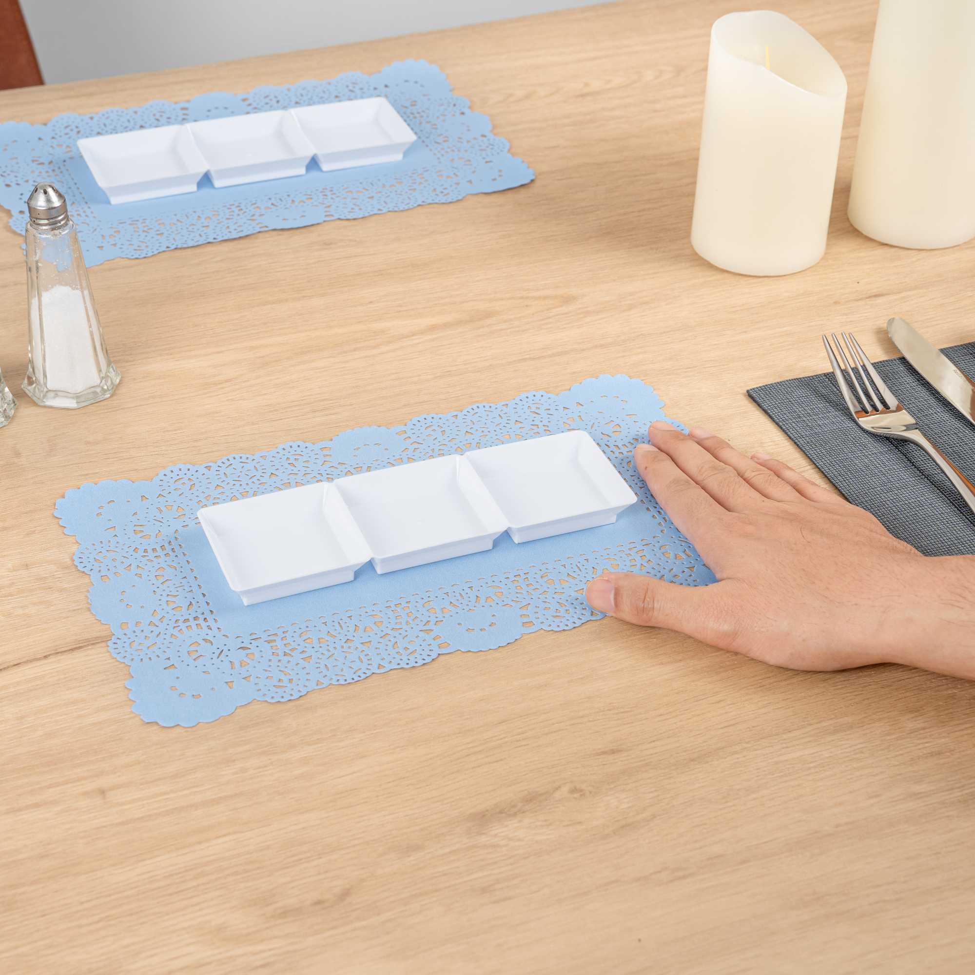 Pastry Tek Rectangle Sky Blue Paper Doilies - Lace - 12" x 7" - 4000 count box