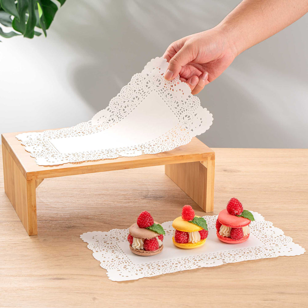 Pastry Tek Rectangle White Paper Doilies - Lace - 12" x 7" - 100 count box