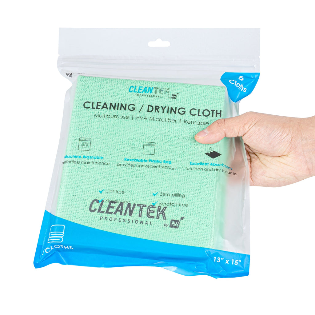 Clean Tek Professional Green Microfiber Cleaning / Drying Cloth - 13'' x 15'' - 5 count box