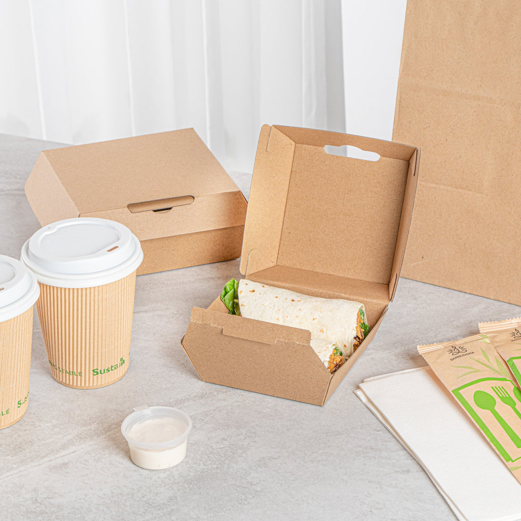 Bio Tek Square Kraft Paper Corrugated Clamshell Container - 4" x 4" x 2 3/4" - 100 count box