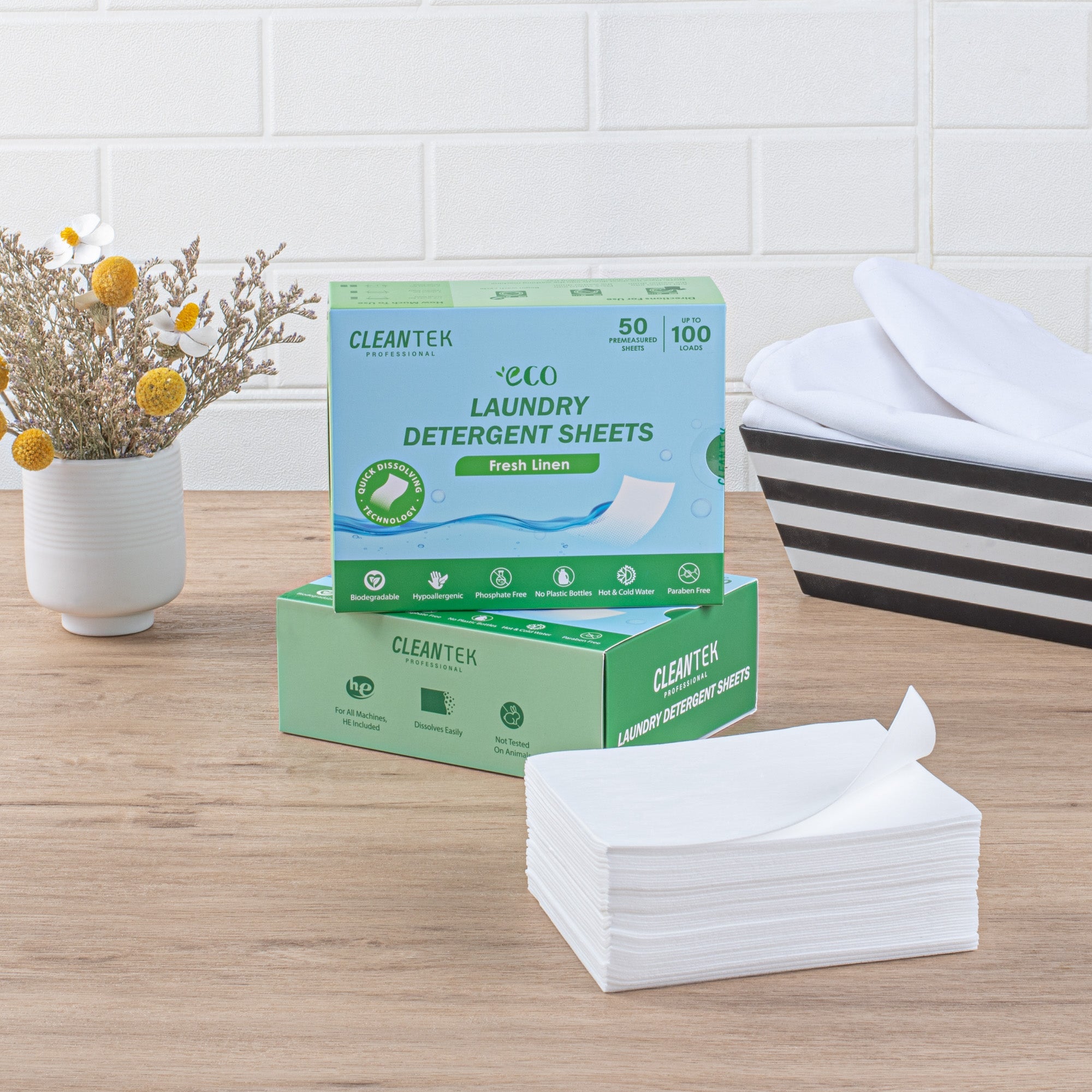 Clean Tek Professional Liquidless Laundry Detergent Sheet - Fresh Linen, Biodegradable, Hypoallergenic - 50 count box