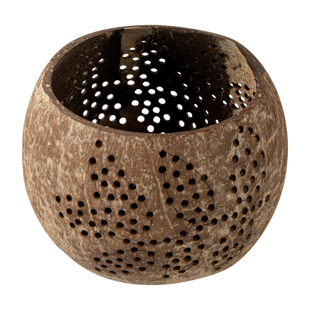 Coco Casa Brown Handmade Coconut Shell Candle Holder - Leaf Pattern - 4" x 4" x 3 1/4" - 1 count box
